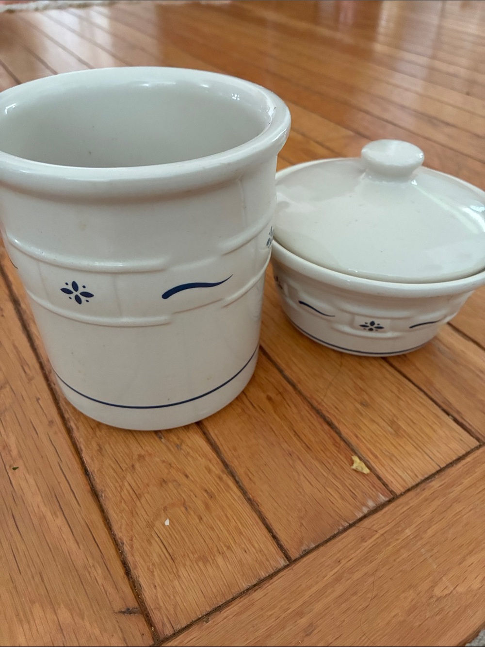 Longaberger White Ceramic Canister and Lidded butter Dish with Blue Trim vintage